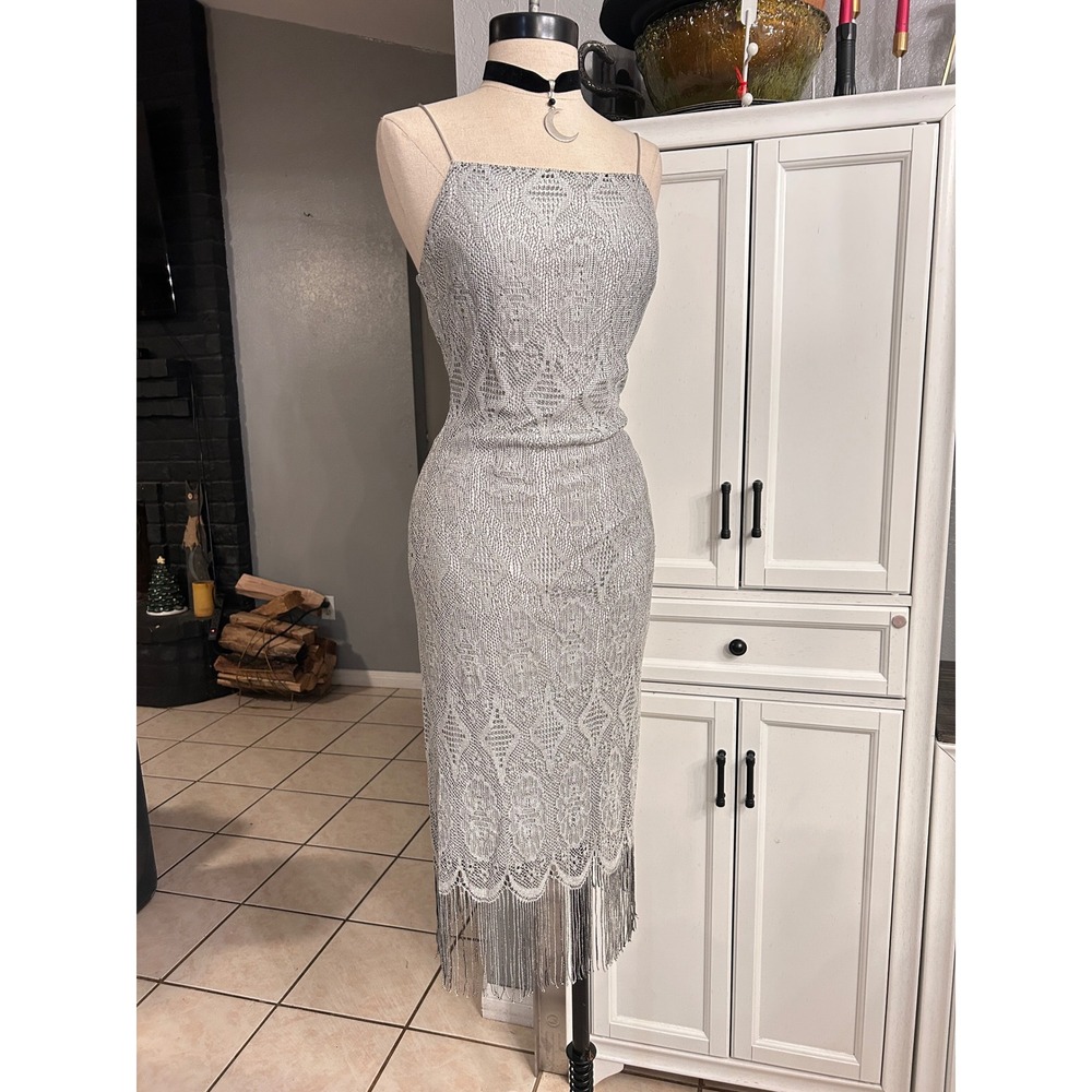 Silver Lace Fringe Midi Dress Small 1920's Flapper Style Gatsy Party Bodycon